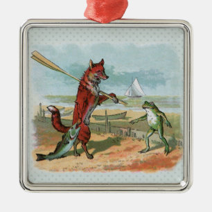 Fox Frog Fishing Antique Illustration Metal Ornament