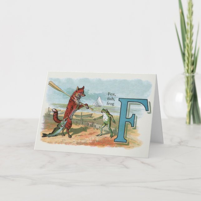 Fox Frog Fishing Antique Illustration Note Card (Front)