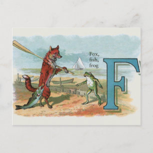 Fox Frog Fishing Antique Illustration Postcard