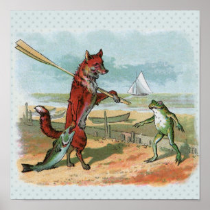 Fox Frog Fishing Antique Illustration Poster