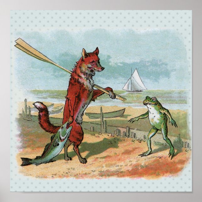 Fox Frog Fishing Antique Illustration Poster (Front)