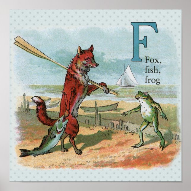 Fox Frog Fishing Antique Illustration Poster (Front)
