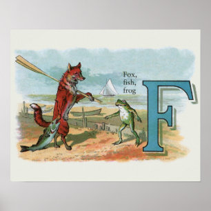Fox Frog Fishing Antique Illustration Poster