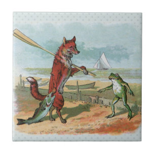 Fox Frog Fishing Antique Illustration Tile