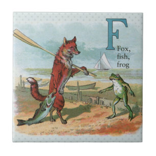 Fox Frog Fishing Antique Illustration Tile
