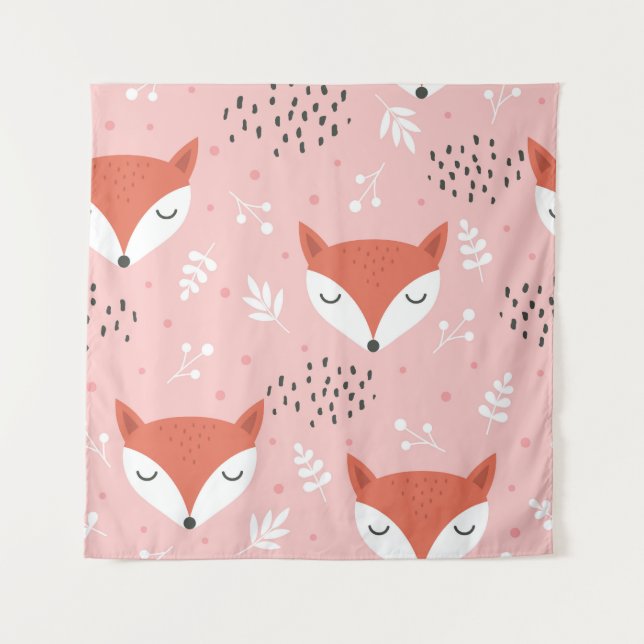 Fox Fun: Cute Forest Pattern Tapestry (Front)