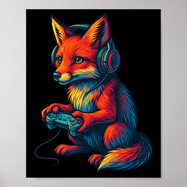 Fox Gaming With Headphones Funny Video Games Gamer Poster (Front)