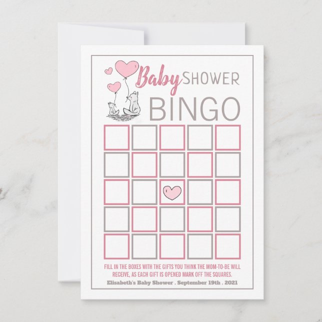 Fox Hearts Baby Shower Bingo (Front)