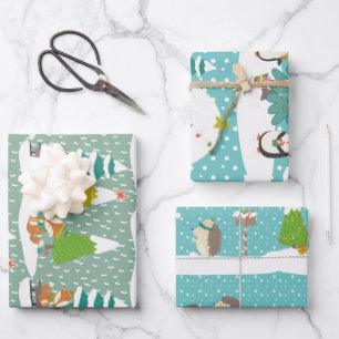 Fox Hedgehog and Penguin Christmas Holiday Pattern Wrapping Paper Sheet