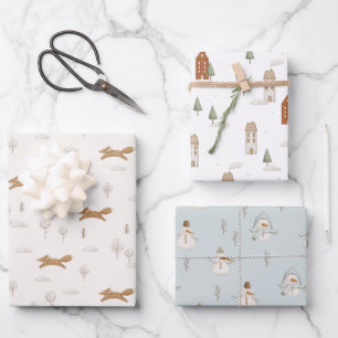 Fox House Snowman Muted Colour Christmas Holiday Wrapping Paper Sheet