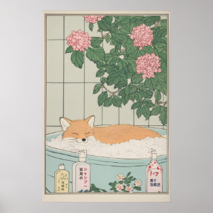 Fox in Bathtub Art Print Japanese Ukiyo-e Style