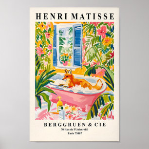 Fox In Bathtub Funny Poster, Mid Century Wall Art, Poster