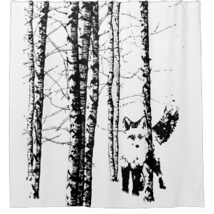 Fox in Birch Forest Black White Silhouette Animal Shower Curtain