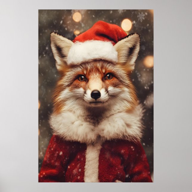 Fox in Christmas Clothes Print, Funny Holiday Poster (Front)