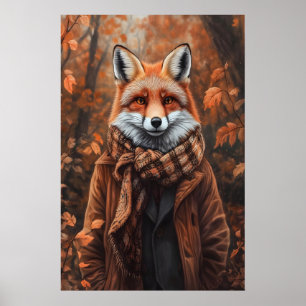 Fox in Fall Clothes Art Print, Cozy Autumn Poster