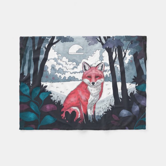 Fox in Forest Clearing Fleece Blanket (Front (Horizontal))