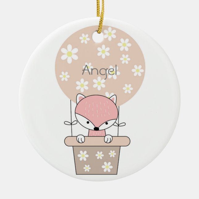 Fox in Hot Air Balloon with Flowers Personalised Ceramic Ornament (Front)
