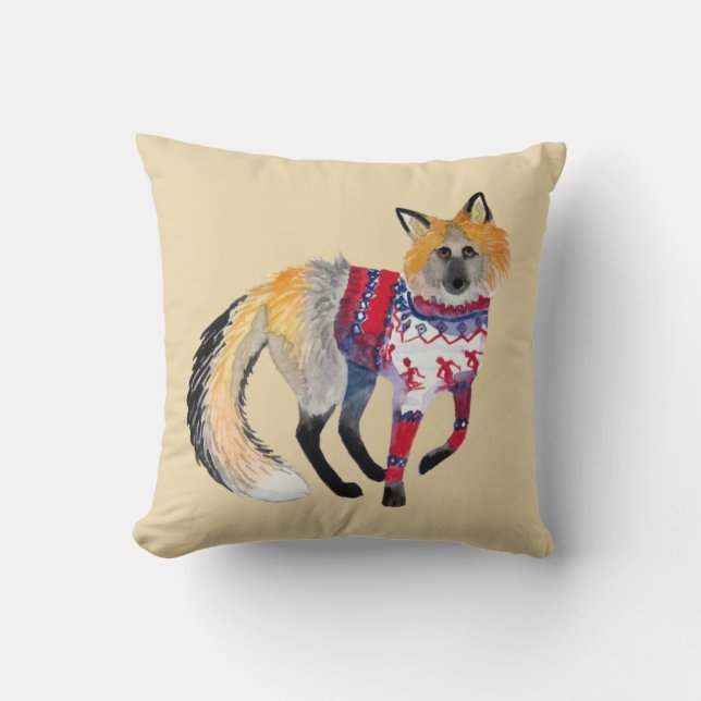 Fox in Knit Sweater Throw Pillow (Front)