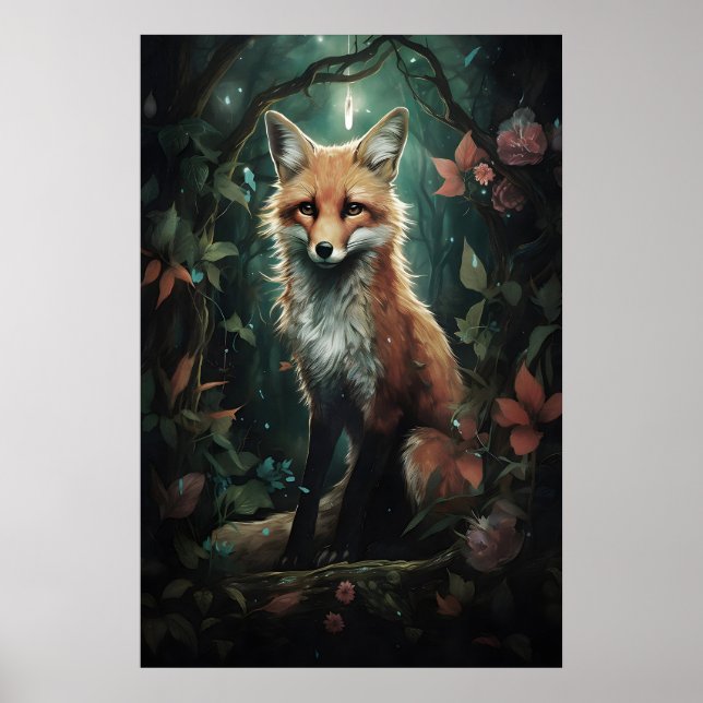 Fox In Magic Flower Forest Print, Dark Academia Poster (Front)