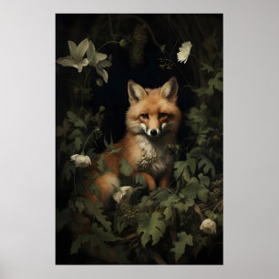 Fox In Moody Forest Print, Fox Botanical Print