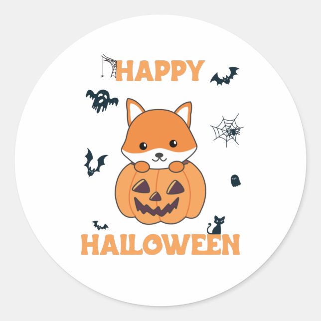 Fox In Pumpkin Sweet Foxes Happy Halloween Classic Round Sticker (Front)