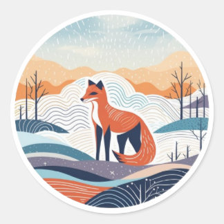Fox in Snow Round Sticker Christmas