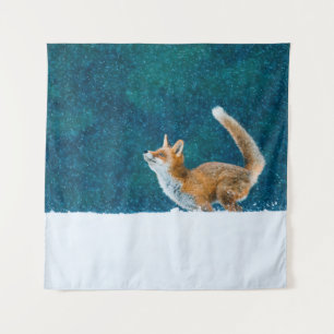 Fox in snowfall. Red fox, Vulpes vulpes, jumping i Tapestry