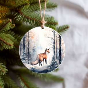 Fox in Snowy Winter Woodlands Forest Animals Ceramic Ornament