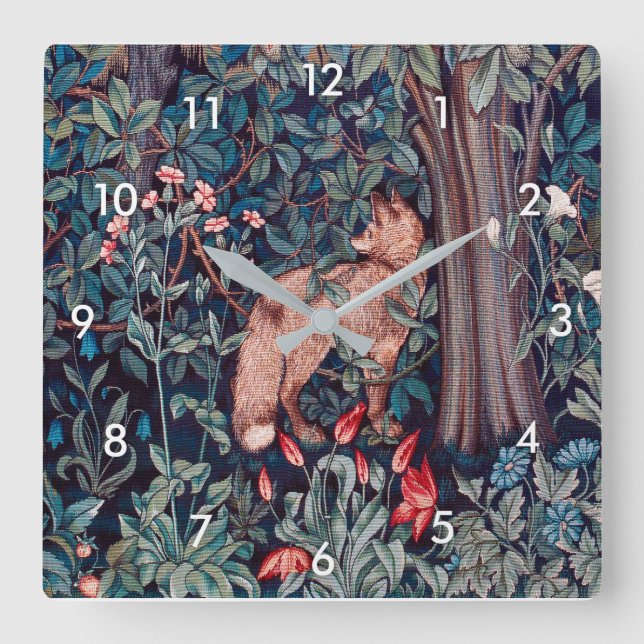 Fox in The Forest, William Morris Square Wall Clock (Front)