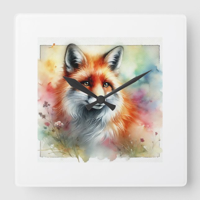 Fox in the Serene Forest 230924AREF126 - Watercolo Square Wall Clock (Front)