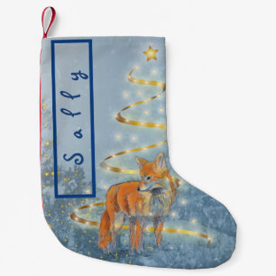 Fox in the Snow with Ribbon Tree Your Name Small Christmas Stocking