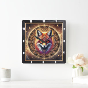 Fox Intricate Mandala Design Vibrant Cosmic Colour Square Wall Clock