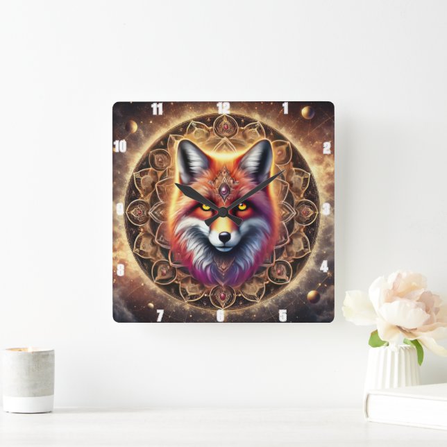 Fox Intricate Mandala Design Vibrant Cosmic Colour Square Wall Clock (Home)