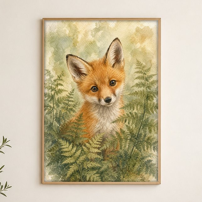 Fox Kit Watercolour Whimsical Art Poster (Shown framed for scale. Poster ships unframed; frames are an optional add-on.)