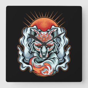 Fox Kitsune   Square Wall Clock