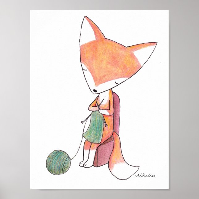 Fox Knitting Fox Wall Art Poster Woodland Nursery (Front)