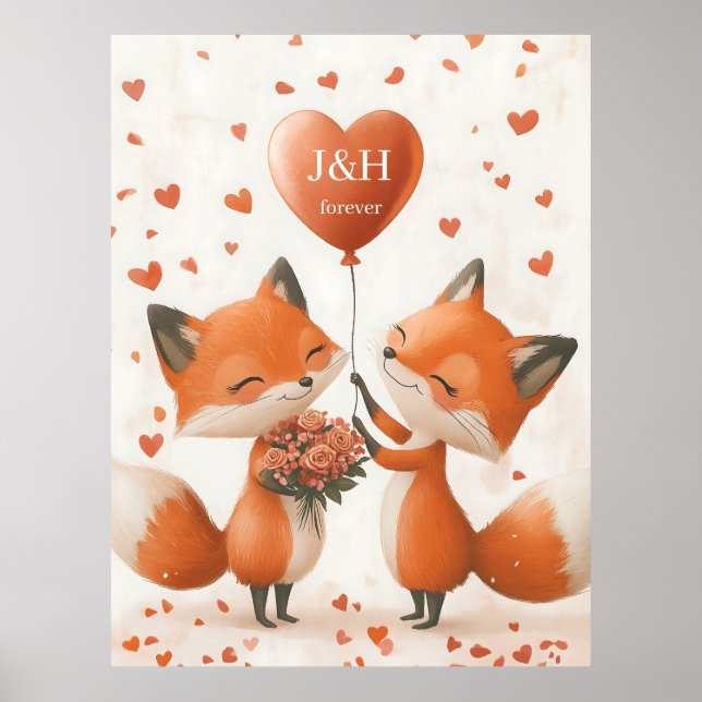Fox Love Design with Customizable Initials Poster (Front)