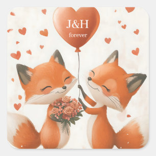 Fox Love Design with Customizable Initials Square Sticker