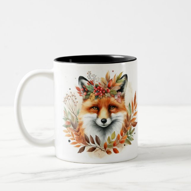 Fox Lover Autum/Fall woodland monogram birthday Two-Tone Coffee Mug (Left)