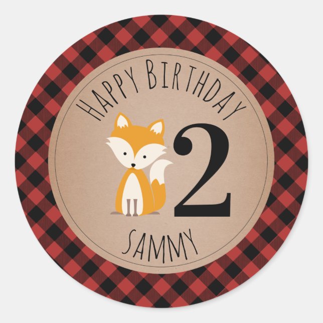 Fox Lumberjack Plaid Baby Birthday Classic Round Sticker (Front)