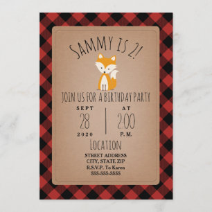 Fox Lumberjack Plaid Birthday Party Invitation