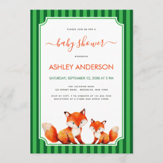 Fox Mama and Baby Shower Green Stripes Cute Invitation