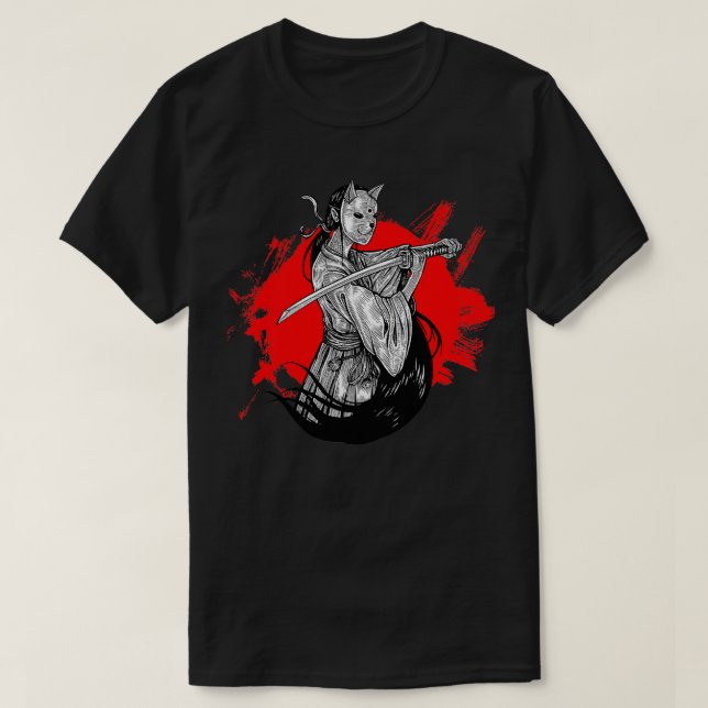 Fox mask samurai girl illustration on red backgrou T-Shirt (Design Front)