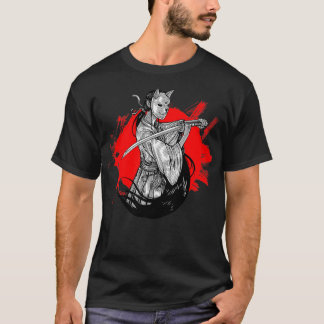 Fox mask samurai girl illustration on red backgrou T-Shirt