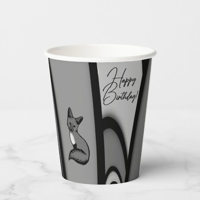 Fox Modern Art Design in Silver Happy Birthday  Paper Cups (Back)