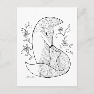 Fox mum & baby Postcard Fox ink drawing Art Card