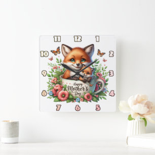 Fox Mum: Cub, Flowers, Mother's Day Square Wall Clock