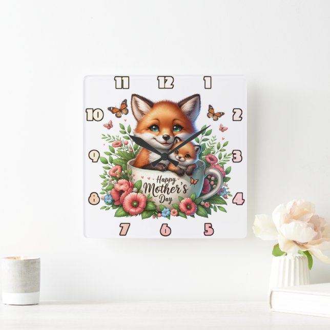 Fox Mum: Cub, Flowers, Mother's Day Square Wall Clock (Home)