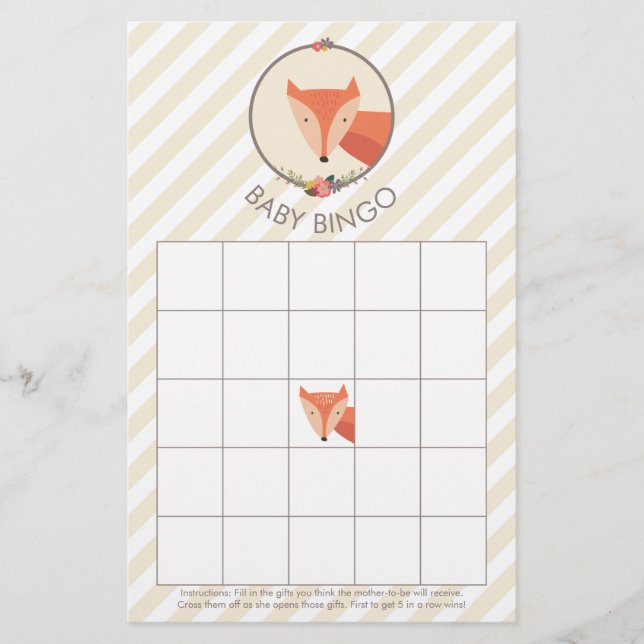 Fox Neutral Baby Shower Games Bingo (Front)