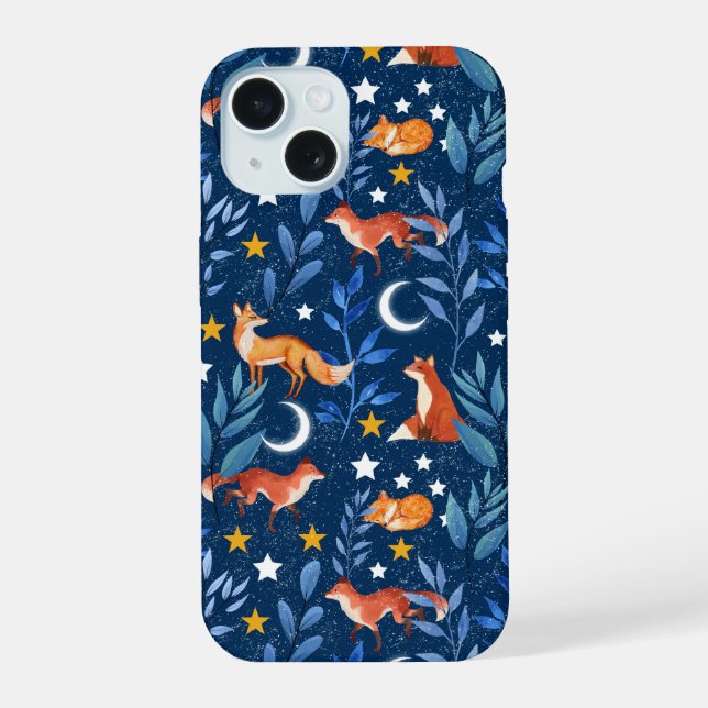 Fox Night Forest Celestial Seamless Pattern iPhone 15 Case (Back)